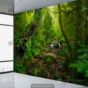 کاغذ دیواری سه بعدی جنگل سر سبز و چشمه