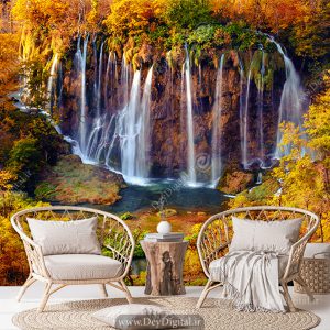 کاغذ دیواری سه بعدی طرح آبشار در میان جنگل پاییزی با درختان نارنجی