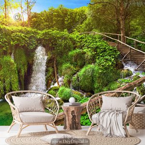 پوستر دیواری سه بعدی منظره جنگلی با پلکان چوبی