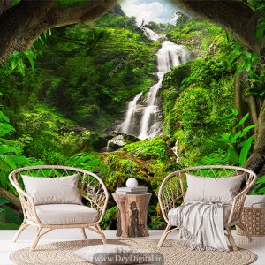 کاغذ دیواری سه بعدی منظره جنگل استوایی و چشمه آب