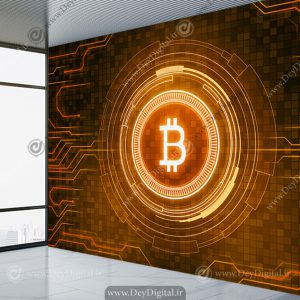 پوستر سه بعدی طرح نماد بیت کوین رنگ نارنجی
