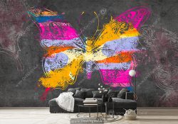 کاغذ دیواری سه بعدی اسپرت هنری مدل پروانه رنگی با زمینه خاکستری