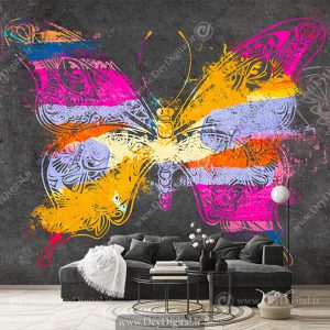 کاغذ دیواری سه بعدی اسپرت هنری مدل پروانه رنگی با زمینه خاکستری