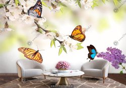 پوستر دیواری طرح پروانه و رو شاخه های درخت