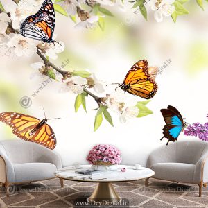 پوستر دیواری طرح پروانه و رو شاخه های درخت