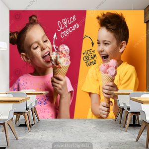پوستر دیواری سه بعدی طرح بچه ها در حال خوردن بستنی قیفی