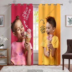 پرده چاپی بستنی فروشی طرح کودکان با بستنی قیفی و زمینه زد و صورتی