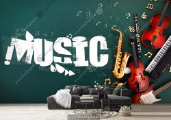 پوستر سه بعدی موسیقی انواع سازها با زمینه ساده =