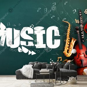پوستر سه بعدی موسیقی انواع سازها با زمینه ساده =