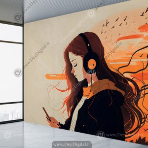 پوستر دیواری فانتزی موسیقی طرح دختر زیبا در حال گوش دادن به موزیک