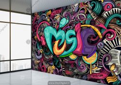 پوستر سه بعدی تایپوگرافی music مدل گرافیتی با رنگ های شاد