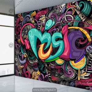 پوستر سه بعدی تایپوگرافی music مدل گرافیتی با رنگ های شاد