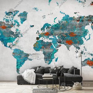 کاغذ دیواری سه بعدی نقشه جهان رنگ سبز آبی
