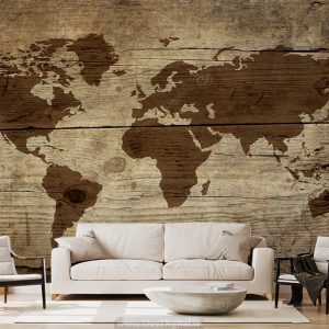 پوستر دیواری سه بعدی نقشه جهان طرح چوبی