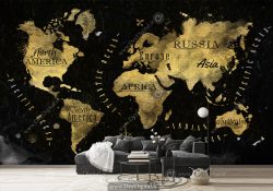 پوستر دیواری طرح فانتزی نقشه جهان به رنگ طلایی و زمینه تیره