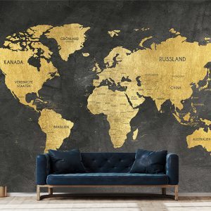 پوستر دیواری طرح نقشه جهان طلایی به زبان آلمانی با زمینه طوسی تیره