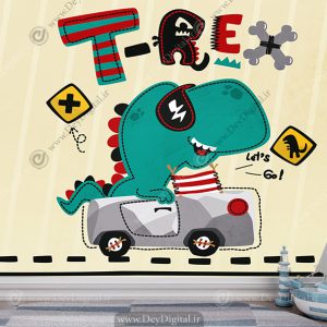 کاغذ دیواری سه بعدی اتاق پسرانه طرح تیرکس ماشین سوار