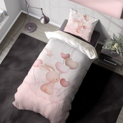 لحاف کودکانه طرح خرگوش صورتی و بادکنک با زمینه صورتی روشن