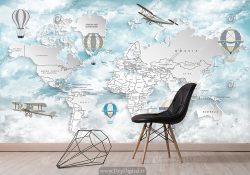پوستر دیواری اتاق کودک پسر طرح نقشه جهان با بالن وهواپیما