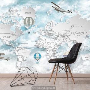 پوستر دیواری اتاق کودک پسر طرح نقشه جهان با بالن وهواپیما