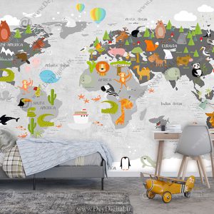 پوستر دیواری نقشه جهان و حیوانات عروسکی با زمینه طوسی روشن