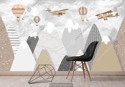 پوستر دیواری طرح نقاشی کوهستان با هواپیما و بالن