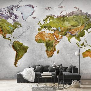 پوستر دیواری طرح قاره ها و کوهها با زمینه سیمانی روشن