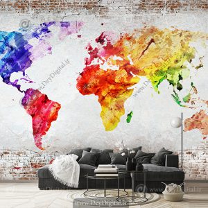 پوستر دیواری طرح نقشه رنگی قاره ها با زمینه آجری
