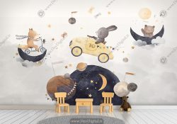 پوستر دیواری طرح ساده حیوانات و سیارات با زمینه روشن