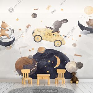 پوستر دیواری طرح ساده حیوانات و سیارات با زمینه روشن