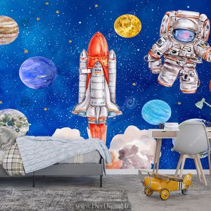 پوستر طرح نقاشی آبرنگی فضانورد و موشک با زمینه ستاره و سیارات