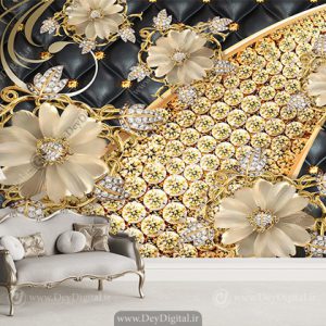 پوستر دیواری پذیرایی طرح گل سه بعدی طلایی و لمسه مشکی