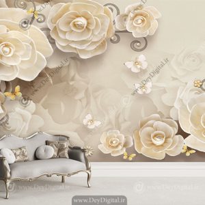 کاغذ دیواری گل سه بعدی رنگ کرم