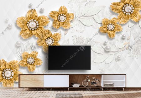 کاغذ دیواری سه بعدی طرح گل طلایی برای پشت تی وی