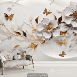 پوستر دیواری سالن پذیرایی طرح زیبای گل سه بعدی