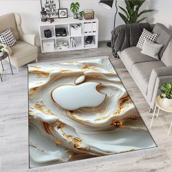 فرش چاپی اتاق خواب طرح سه بعدی لوگوی اپل با زمینه سفید و طلایی