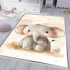 فرشینه چاپی طرح ساده بچه فیل با زمینه کرمی و قهوه ای