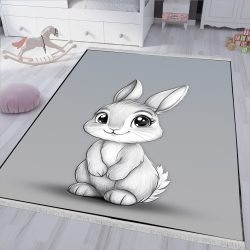 فرشینه اتاق کودک طرح ساده بچه خرگوش با زمینه طوسی