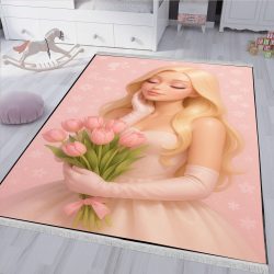 فرشینه دخترانه طرح باربی عروس با دسته گل لاله