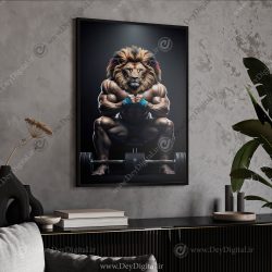تابلو دکوراتیو طرح شیر بدنساز با زمینه تیره