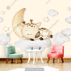 پوستر دیواری کودک طرح بچه زرافه خوابیده روی ابرها