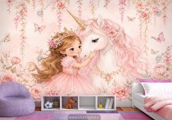 پوستر دیواری دخترانه طرح پرنسسی و اسب تکشاخ صورتی