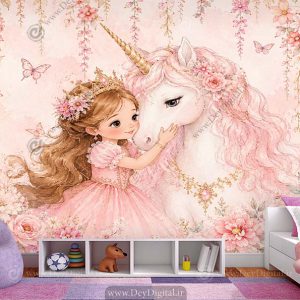 پوستر دیواری دخترانه طرح پرنسسی و اسب تکشاخ صورتی