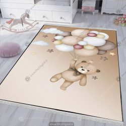 فرش چاپ کودکانه طرح خرس تدی با بادکنک های رنگی