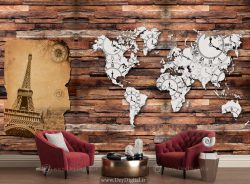 پوستر دیواری طرح نقشه جهان و تصویر ایفل روی چوب