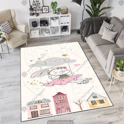 فرش چاپی طرح عروسکی خرگوش و ابر و خانه
