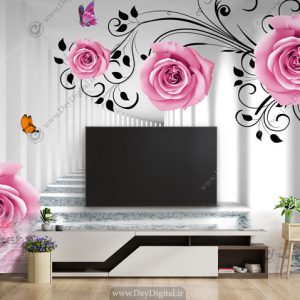 پوستر دیواری پشت تلویزیون سه بعدی گل صورتی ba-2802