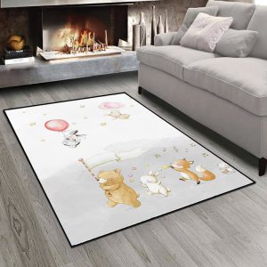 فرشینه چاپی طرح عروسکی خرس و خرگوش و روباه زمینه طوسی سفید
