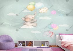 پوستر دیواری اتاق کودک طرح فیل با یک دسته بادکنک رنگی