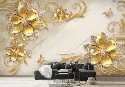 پوستر دیواری پذیرایی گل طلایی سه بعدی ba-4653